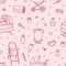 Seamless pattern with newborn baby care products, nursery supplies or tools for infant child drawn with contour lines on