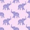 Seamless pattern with nice abstract elephants of glitter. Their trunks raised up - good luck symbol. Violet background