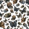 Seamless pattern with night dark butterflies set. Abstract fantasy design background for print, poster, fabric, wallpaper.
