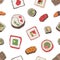 Seamless pattern with nigiri and maki sushi, sashimi and rolls on white background. Backdrop with tasty traditional