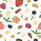 Seamless pattern with nuts, berries and mint leaves. strawberry, raspberry, blueberry, banana, walnut, almond, hazelnut, cashew, b