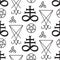 Seamless pattern with occult symbols Leviathan Cross, pentagram, Lucifer sigil and 666 the number of the beast hand drawn black an