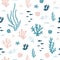 Seamless pattern with ocean corals, and  seaweeds. Sea wildlife. Vector