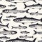 Seamless pattern with ocean and sea fishes in sketchy style. Vector illustration of handdrawn mackerel, tuna, and