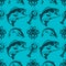 Seamless pattern with octopus, salmon fish, lobster and bass fish