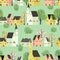 Seamless pattern with old houses in green. Minimalistic Scandinavian style.