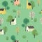 Seamless pattern with old houses in green. Minimalistic Scandinavian style.