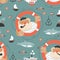 Seamless pattern with old sailor,lifebuoy,fish,vessel and anchor
