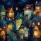 Seamless pattern with old town at night.GenerativeAI.