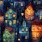 Seamless pattern with old town at night.GenerativeAI.
