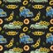 Seamless pattern of old trucks with sunflowers illustration