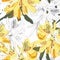 Seamless pattern with Oleander flower. Floral composition. Yellow Rhododendron flowers and black line.