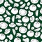 Seamless pattern of olives, mushrooms and tomatoes on a green background. Vector. Doodle style. Decor element. Suitable for