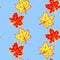 Seamless pattern of orange contoured silhouette maple leaves isolated on blue background. Simple vector texture for fabric,