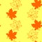 Seamless pattern of orange contoured silhouette maple leaves isolated on yellow background