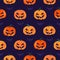 Seamless pattern with orange halloween pumpkins and bat in stamp style.