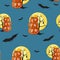 Seamless pattern with orange Halloween pumpkins carved faces, moon and bat on dark blue background.