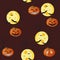 Seamless pattern with orange Halloween pumpkins carved faces, spider, moon and bat on dark red background.