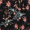 Seamless pattern, orange lily flowers and protea flowers with blue leaves on black background