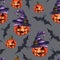 Seamless pattern orange pumpkin in a hat, bat on a grey background. Halloween Horror nightmare.