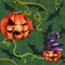 Seamless pattern orange pumpkin in a hat, bat. Sinister face on green background. Halloween Horror nightmare.