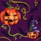 Seamless pattern orange pumpkin in a hat, bat. Sinister face on purple background.. Halloween Horror nightmare.