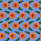 Seamless pattern with orange Zinnia flowers and green leaves on blue background. Endless colorful floral texture. Raster