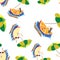 A seamless pattern of oranges and apples resting on sun beds and