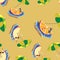 A seamless pattern of oranges and apples resting on sun beds and