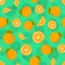 Seamless pattern with oranges and leaves. Citrus background with juicy oranges. Vector illustration