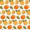 Seamless pattern with oranges, slices and leaves.