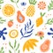 Seamless pattern with organic blobs, tropic fruits and leaves in matisse style. Background with trendy doodle abstract