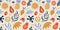 Seamless pattern with organic blobs, tropic fruits and leaves in matisse style. Background with trendy doodle abstract
