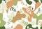 Seamless pattern with organic shape blots in memphis style. Stylish floral painted wallpaper with leaves. Summer nature tile