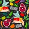 Seamless pattern, organic vegetables, meat. Tomatoes, carrot, peas, peppers, salt, bay leaf, steak. Healthy foods in