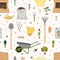 Seamless pattern with organic waste and garden tools. Kitchen scraps, composter, sack with compost. Farming and agriculture. Home
