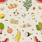 Seamless pattern with organic waste. Leftovers, spoiled products, kitchen scraps, fruit, vegetables. Farming and agriculture. Home