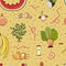 Seamless pattern with organic waste. Leftovers, spoiled products, kitchen scraps, fruit, vegetables. Farming and agriculture. Home