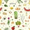 Seamless pattern with organic waste. Leftovers, spoiled products, kitchen scraps, fruit, vegetables. Farming and agriculture. Home