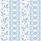 Seamless pattern with ornament, leaves and dots in blue on white background