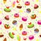 Seamless pattern ornament with tasty cakes and sweets. Beautiful wrapping paper for bakery and pastry shop. Modern print for wall-