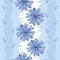 Seamless pattern with ornate chicory flower in blue on the light blue background with stripes. Floral background in contour style