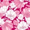 Seamless pattern with ornate magnolia flower, buds and leaves in white on the pink background.