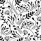 Seamless pattern of outlandish hand drawn black line different herbs and flowers. Bunch of flowers. Vector illustration on white