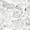 seamless pattern of outline drawn desserts on white background. Cupcake, fruits, cakes, drawing book illustration