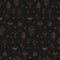 Seamless pattern outline golden esoteric mushrooms and crystals
