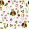 Seamless pattern: owl, insect, vegetation, berries, mushrooms on a white background. Flat vector.