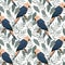 Seamless pattern, painted pink-blue parrots and tropical leaves on a white background. Print, textile, wallpaper