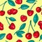 Seamless pattern painting with red cherries and leaf on yellow