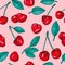 Seamless pattern painting with red cherries on pink background